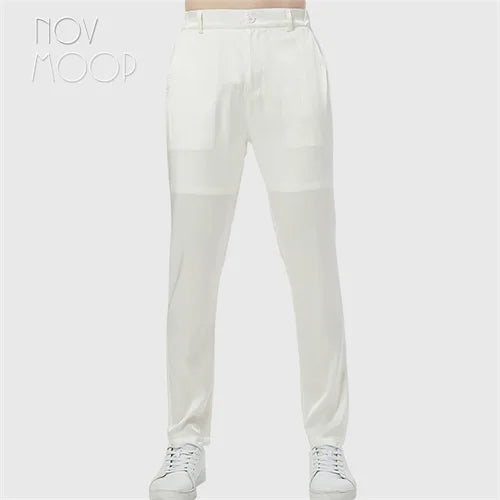 Novmoop fashion style men summer comfortable black grey off white spandex silk yoga sleep pants with pocket pantalon LT3068