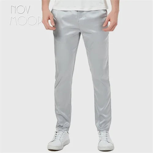 Novmoop fashion style men summer comfortable black grey off white spandex silk yoga sleep pants with pocket pantalon LT3068