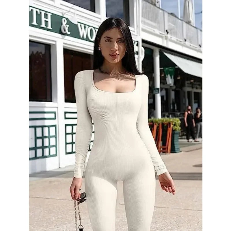 Fashion Square Neck Design Yoga Jumpsuits Workout Ribbed Long Sleeve Sport Jumpsuits Plus Size Women Party Clothing