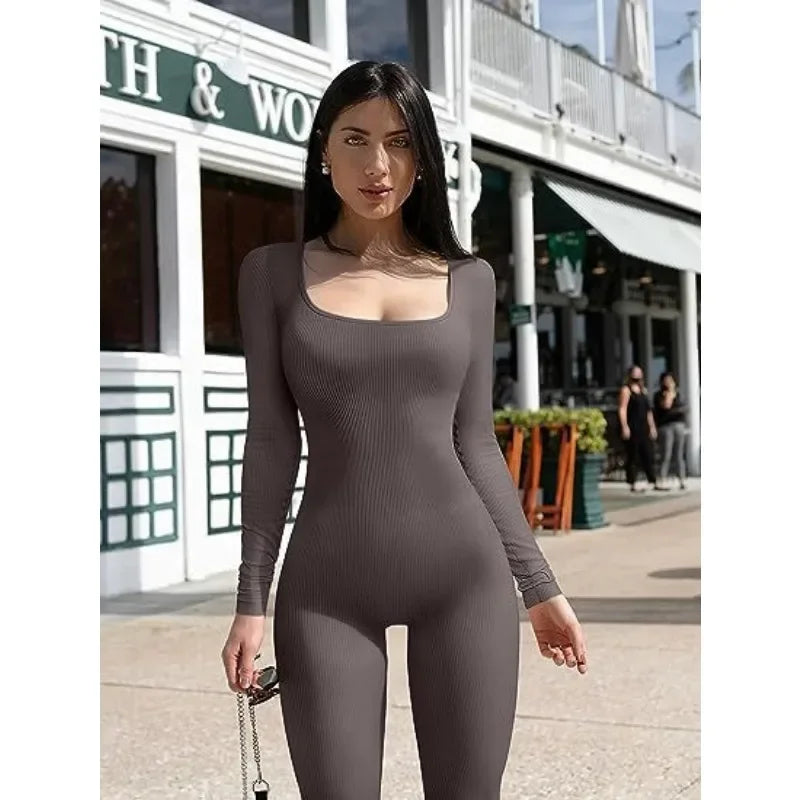 Fashion Square Neck Design Yoga Jumpsuits Workout Ribbed Long Sleeve Sport Jumpsuits Plus Size Women Party Clothing