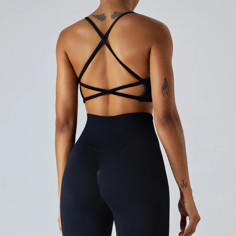 New Seamless Cross Yoga Crop Top Fitness Push up Gym Top Women Quick Drying Running  Yoga Clothing Shockproof Workout Top Women