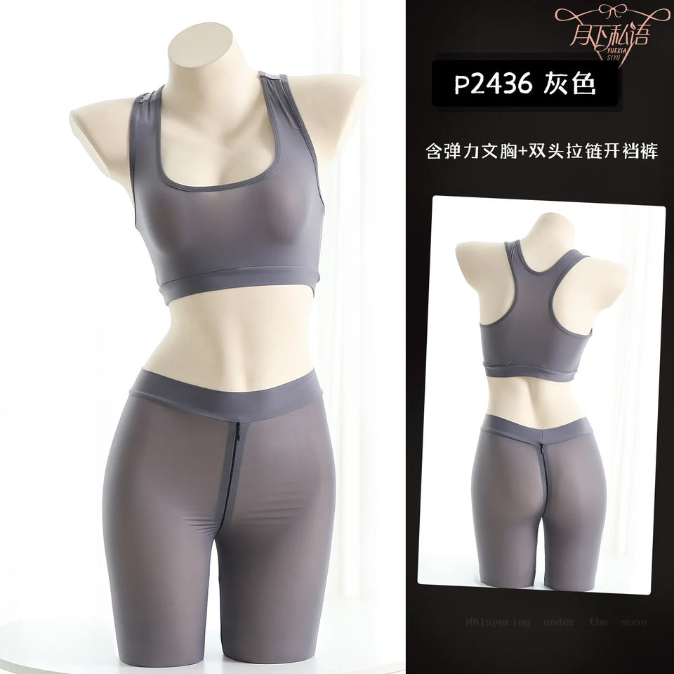 Exotic Summer Fashion Women's Clothing Style Perspective Tank Top Solid Color Simple Crotch Zipper Yoga Uniform Tight Suit I2Y1