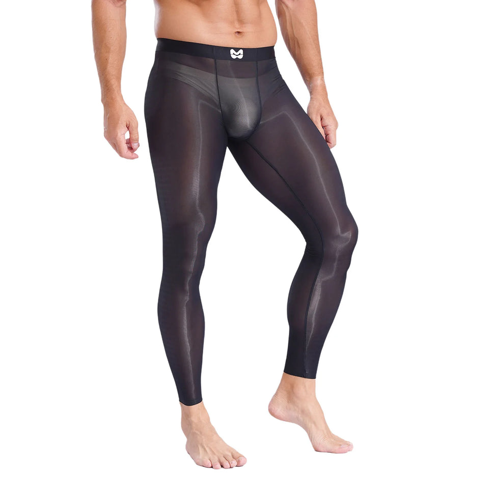 Mens Sheer Silky Yoga Fitness Leggings Seamless Ultra-Thin Bulge Pouch Tights See Through Stretchy Pants for Gym Sports Workout