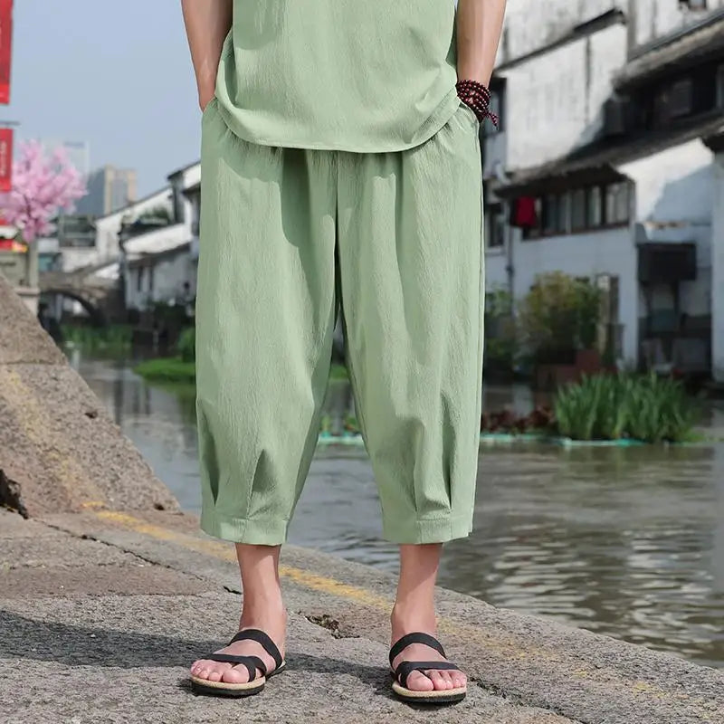 M-5XL Plus Mens Cotton Linen Capri Pants Light Loose 3/4 Long Shorts Elastic Waist Drawstring Harem Casual Beach Yoga Trousers