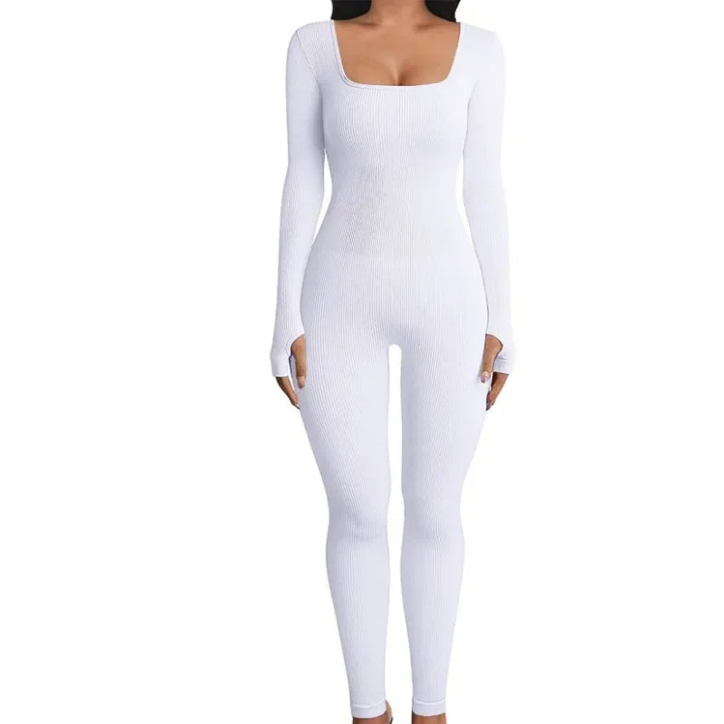 Fashion Square Neck Design Yoga Jumpsuits Workout Ribbed Long Sleeve Sport Jumpsuits Plus Size Women Party Clothing