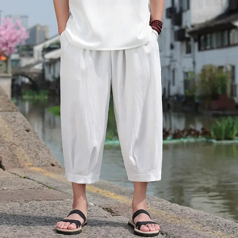 M-5XL Plus Mens Cotton Linen Capri Pants Light Loose 3/4 Long Shorts Elastic Waist Drawstring Harem Casual Beach Yoga Trousers