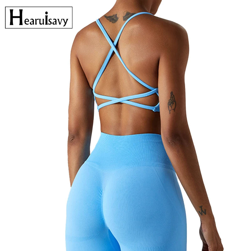 New Seamless Cross Yoga Crop Top Fitness Push up Gym Top Women Quick Drying Running  Yoga Clothing Shockproof Workout Top Women