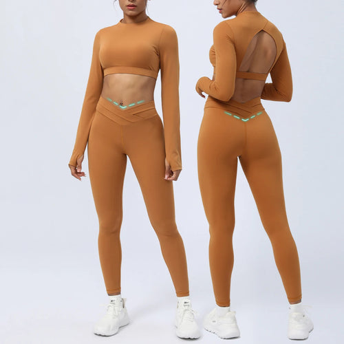 Open Back Gym Set Women Sportwear Long Sleeve Yoga Clothing Fitness Padded Crop Top V Waist Leggings 2Piece Workout Sports Suits