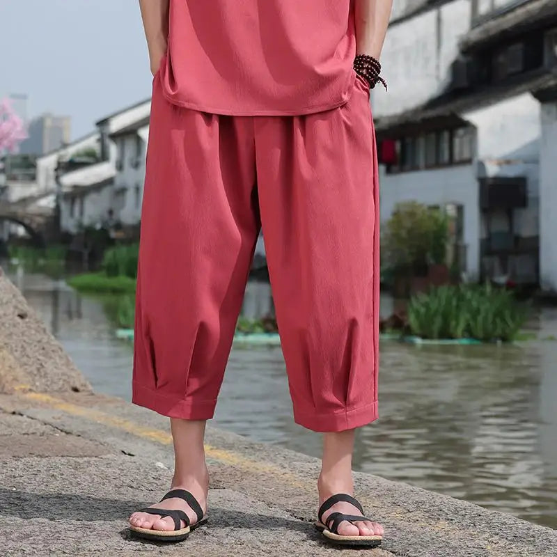 M-5XL Plus Mens Cotton Linen Capri Pants Light Loose 3/4 Long Shorts Elastic Waist Drawstring Harem Casual Beach Yoga Trousers