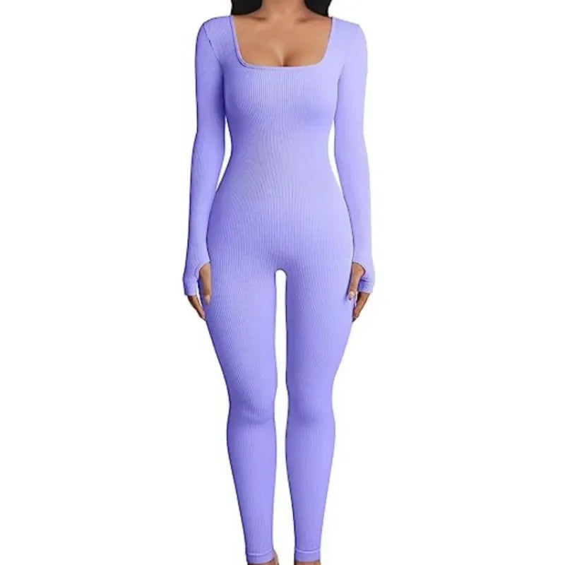 Fashion Square Neck Design Yoga Jumpsuits Workout Ribbed Long Sleeve Sport Jumpsuits Plus Size Women Party Clothing