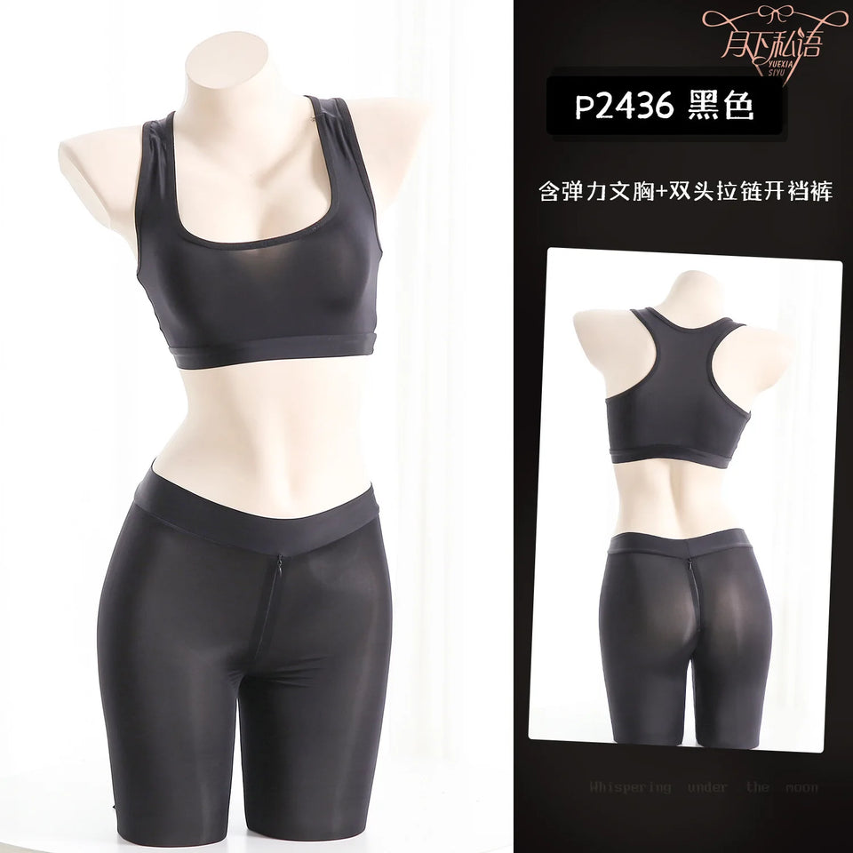 Exotic Summer Fashion Women's Clothing Style Perspective Tank Top Solid Color Simple Crotch Zipper Yoga Uniform Tight Suit I2Y1