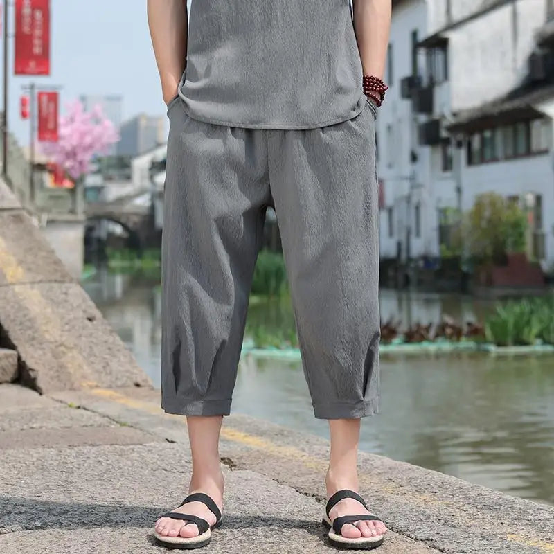 M-5XL Plus Mens Cotton Linen Capri Pants Light Loose 3/4 Long Shorts Elastic Waist Drawstring Harem Casual Beach Yoga Trousers