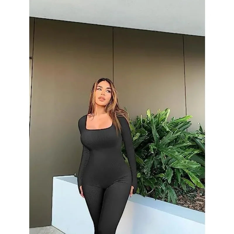 Fashion Square Neck Design Yoga Jumpsuits Workout Ribbed Long Sleeve Sport Jumpsuits Plus Size Women Party Clothing