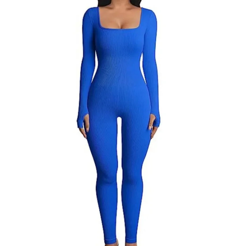 Fashion Square Neck Design Yoga Jumpsuits Workout Ribbed Long Sleeve Sport Jumpsuits Plus Size Women Party Clothing